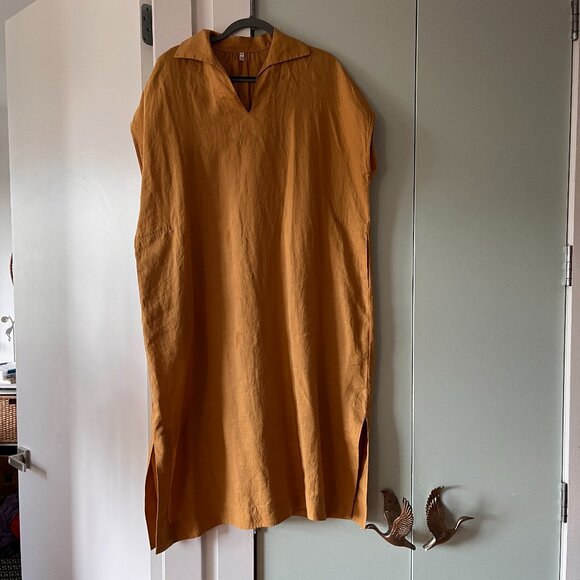 Muji Mustard Tent Dress 100% Linen with Pockets - Picture 1 of 5